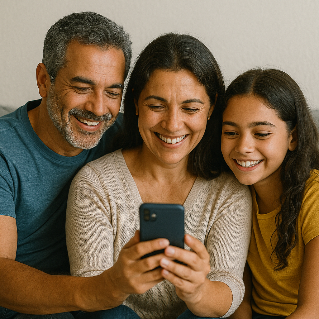 Família sorrindo ao redor do celular