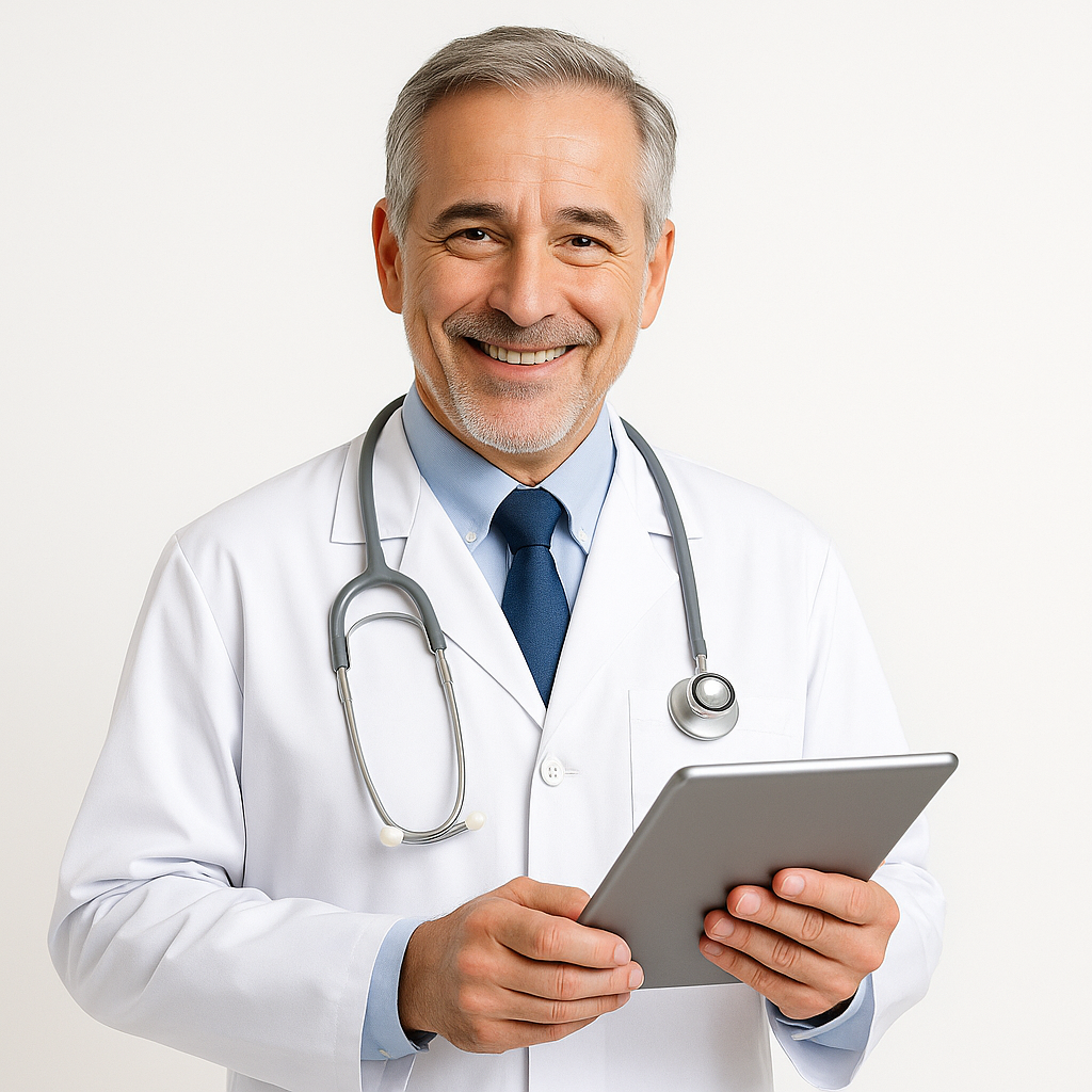 Médico sorridente com tablet em mãos