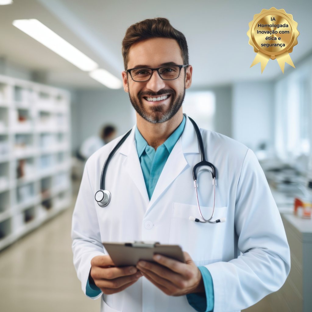 Médico sorridente com tablet em mãos